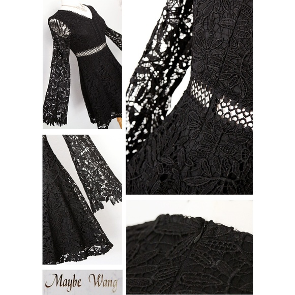 Black Crochet Lace Overlay Fit Flared Skater Dress - Picture 4 of 8